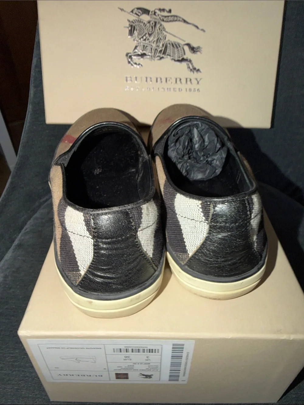 Burberry Tan & Red Canvas Slip-On Loafers